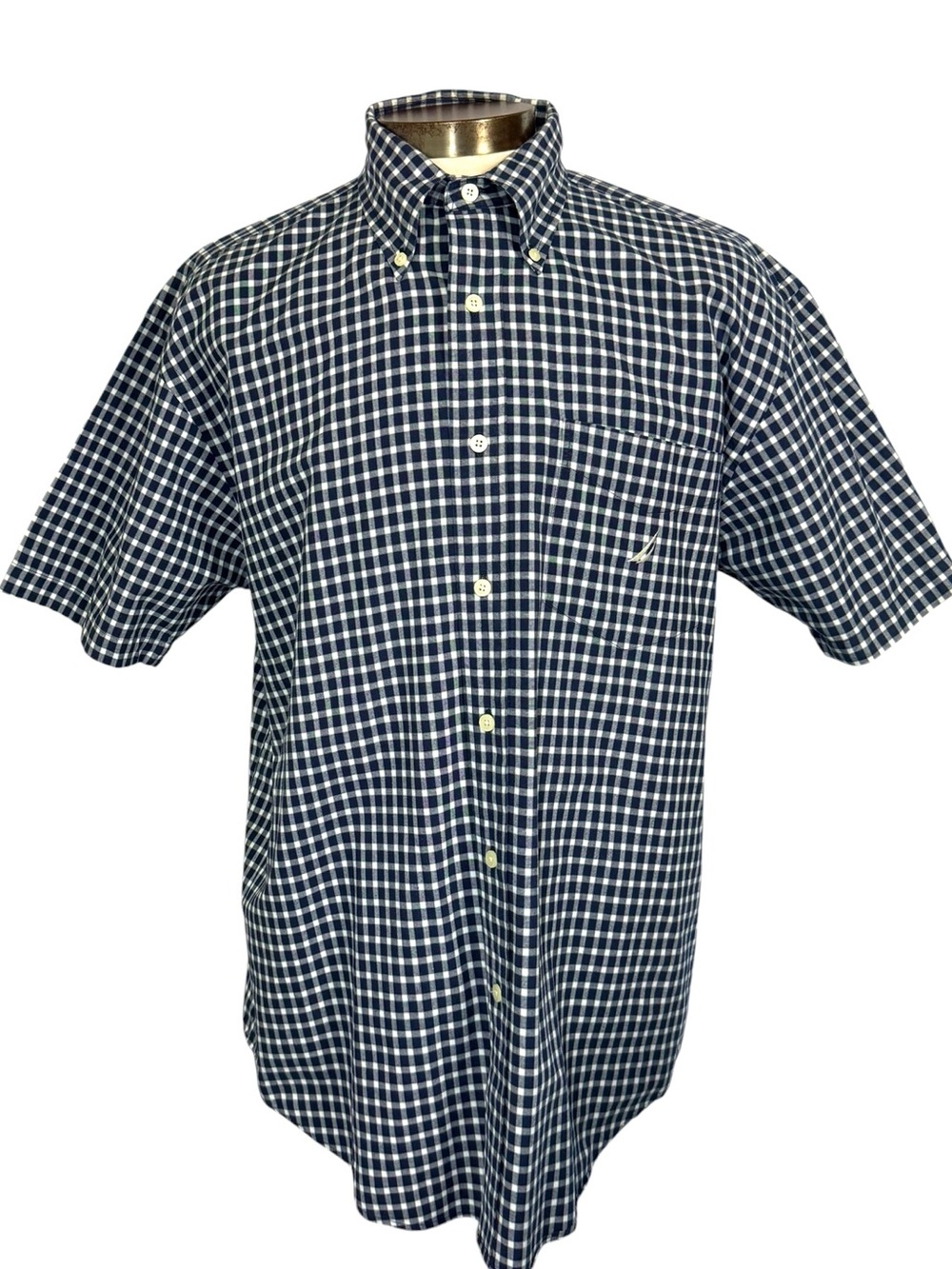 Nautica Mens Large Shirt Blue White Gingham Plaid S/S Button Down Cotton Pocket